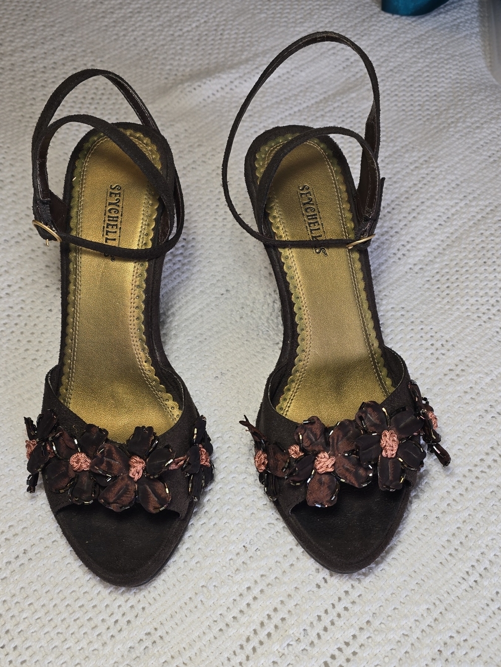 Seychelles Brown Floral Slingback Heels with Rose Accents